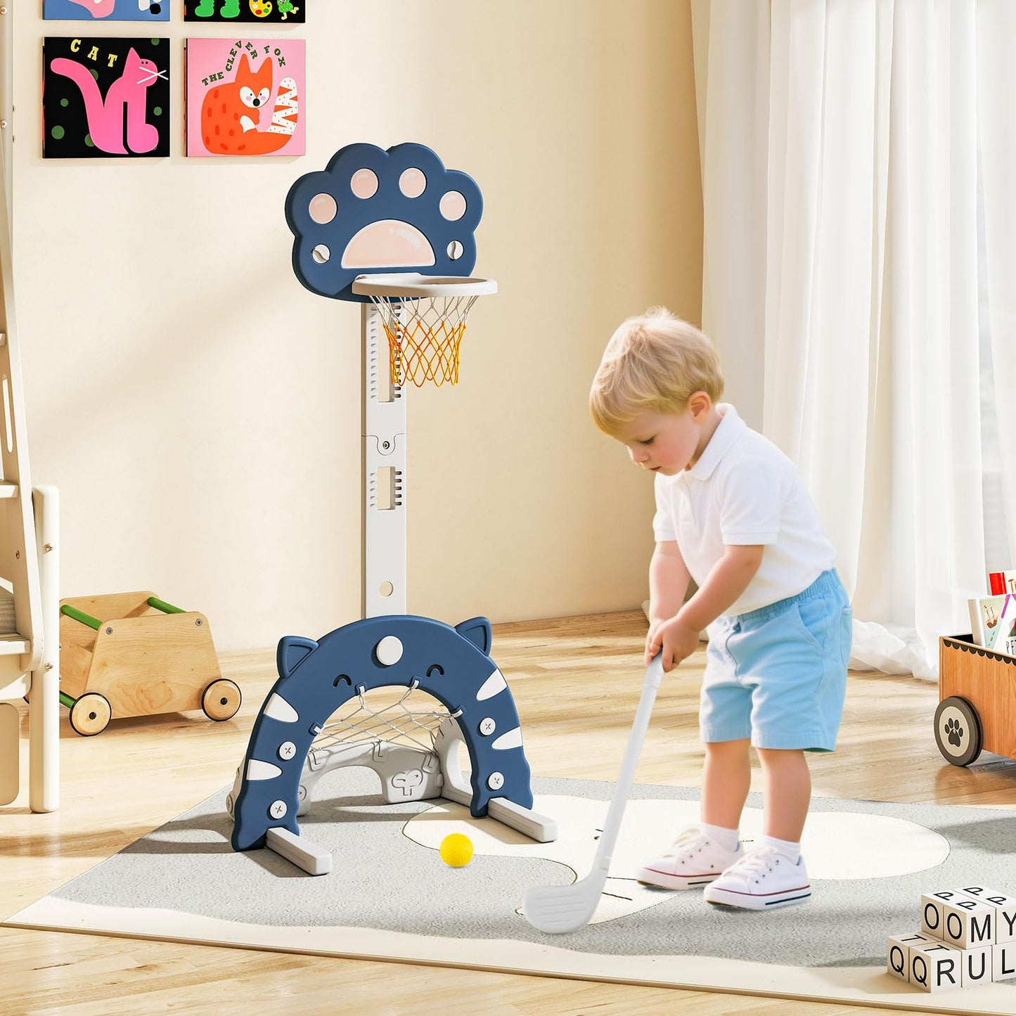 COSTWAY 3-in-1 Children's Basketball Hoop, Basketball Stand with Basketball & Football & Golf Game, Indoor Outdoor Basketball Game with Adjustable Height & Foldable Basket, for Children from 3 Years