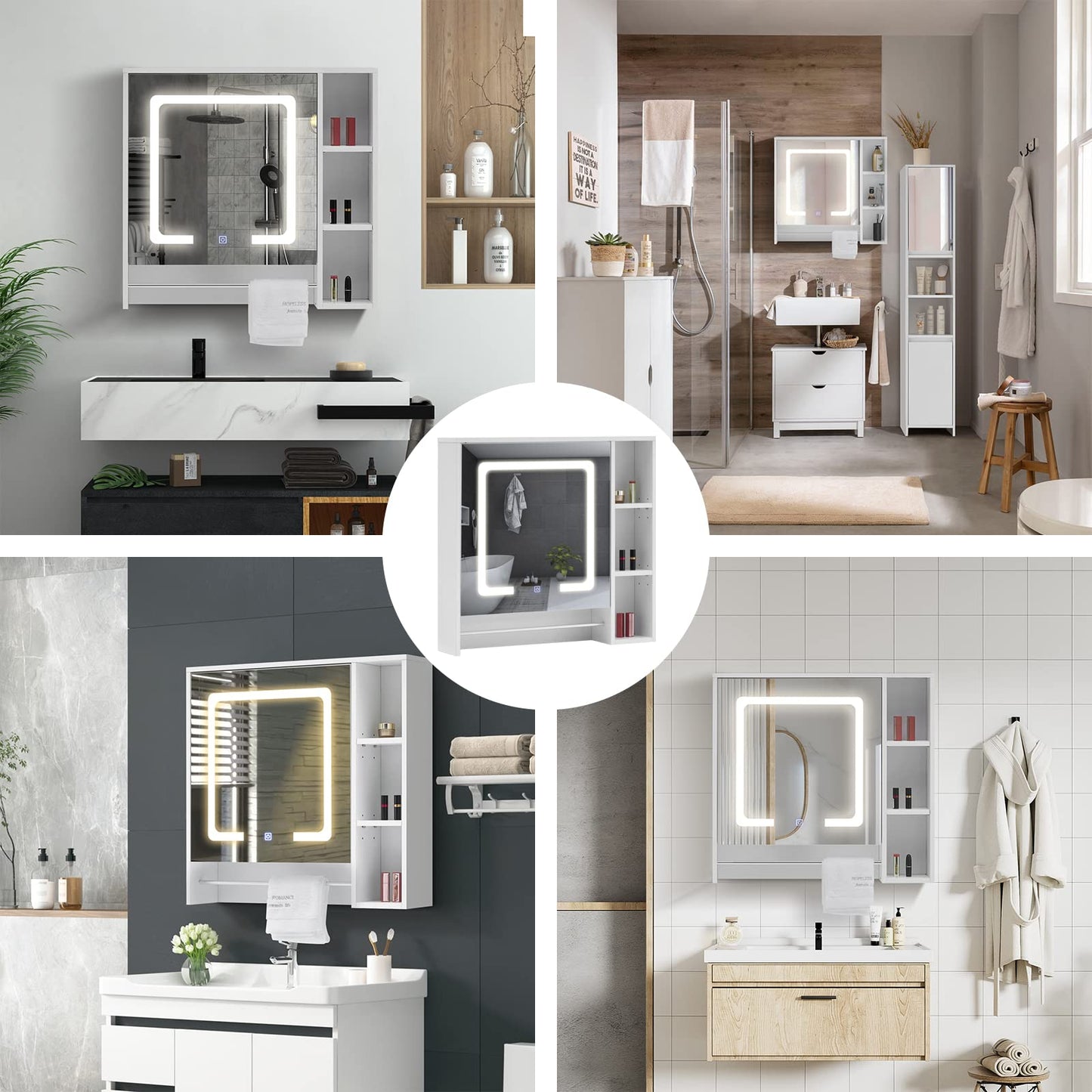 TUKAILAI Mirror Cabinet with LED Lighting, 6 Open Shelves and Adjustable Shelves, Bathroom Mirror with Touch Switch, Bathroom Mirror, Light Mirror, Wall Mirror, Bathroom Cabinet for Bathroom