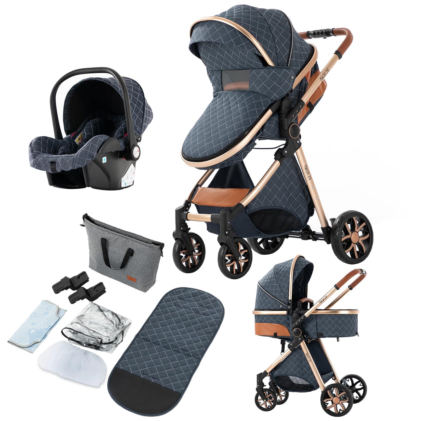 PU Leather Pushchair 3-in-1, Buggy with One-Click Folding Design, Pushchair with Two Reversible Sliding Modes, Combination Pushchair 3-in-1 Complete Set Frame Aluminium Alloy (518 Black)