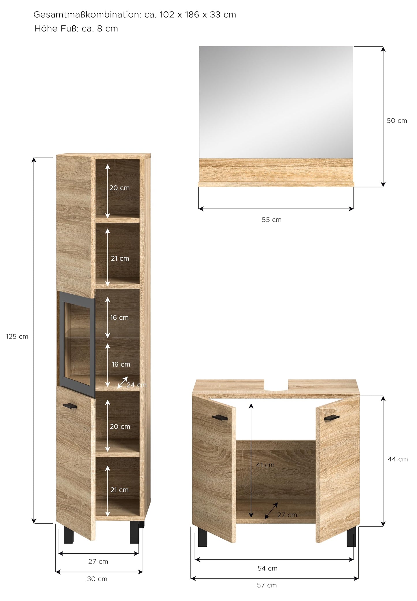 Boston Bathroom Cabinet, Standing Wall Cabinet, Hanging Cabinet, Wall Cabinet, Sonoma Oak Wood, Approx. 30 x 80 x 29 cm, Floor Standing/Hanging Mountable