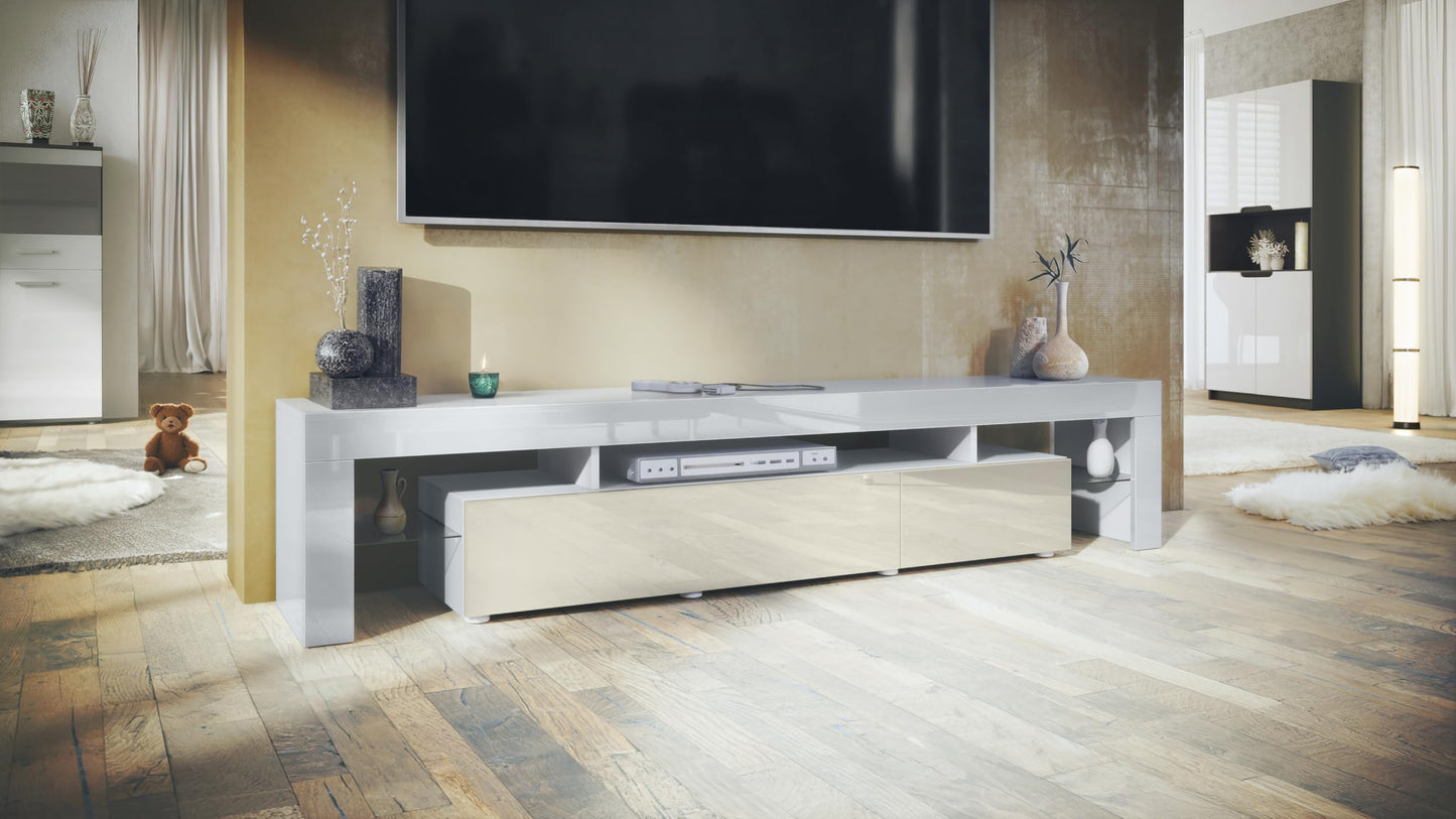 Vladon TV Stand Unit Lima V2, Carcass in White/Front in Black High Gloss