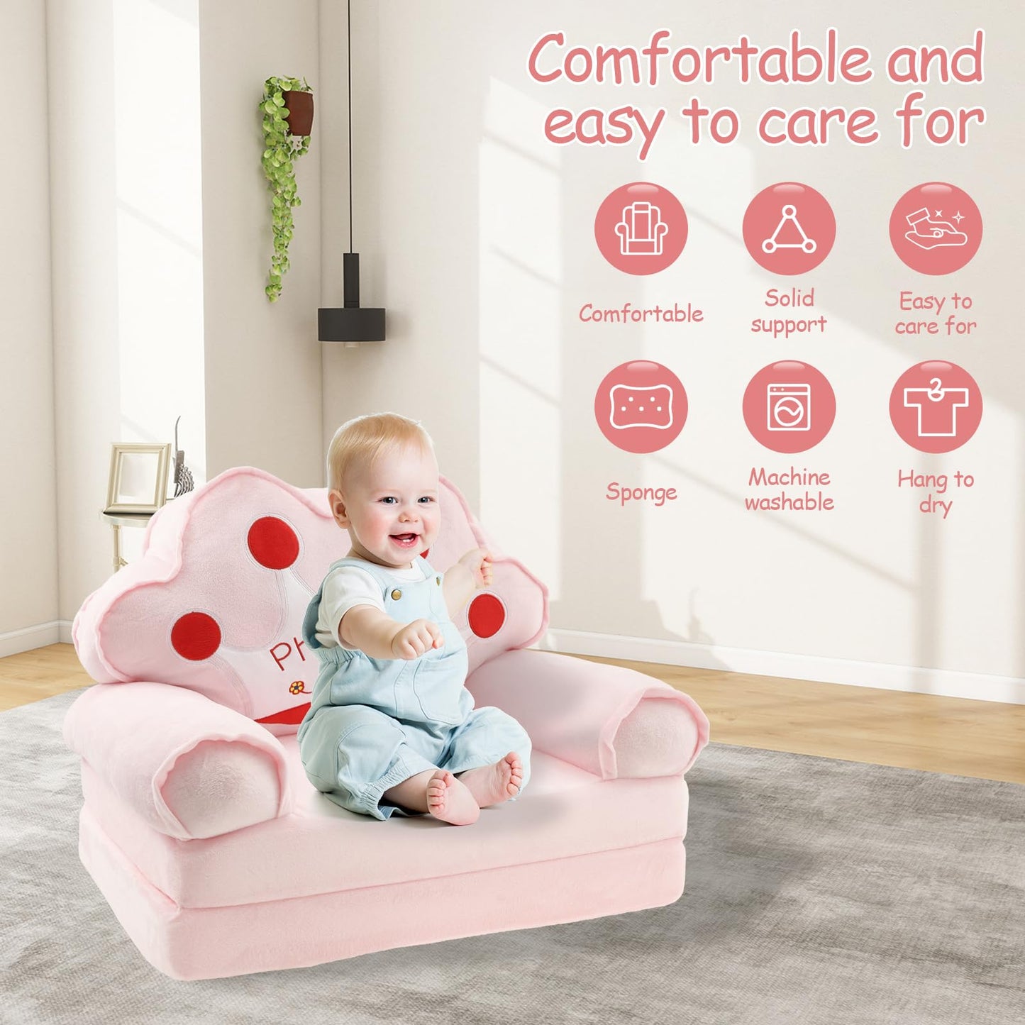 TNTGMG Children's Sofa, 2-in-1 Soft Toddler Chairs with Handle, 80 x 50 cm, Foldable Baby Lounge Chair, Convertible Play Sofa to Deck Chair for 1 to 4 Years Old Girls and Boys Playroom (Pink Crown)