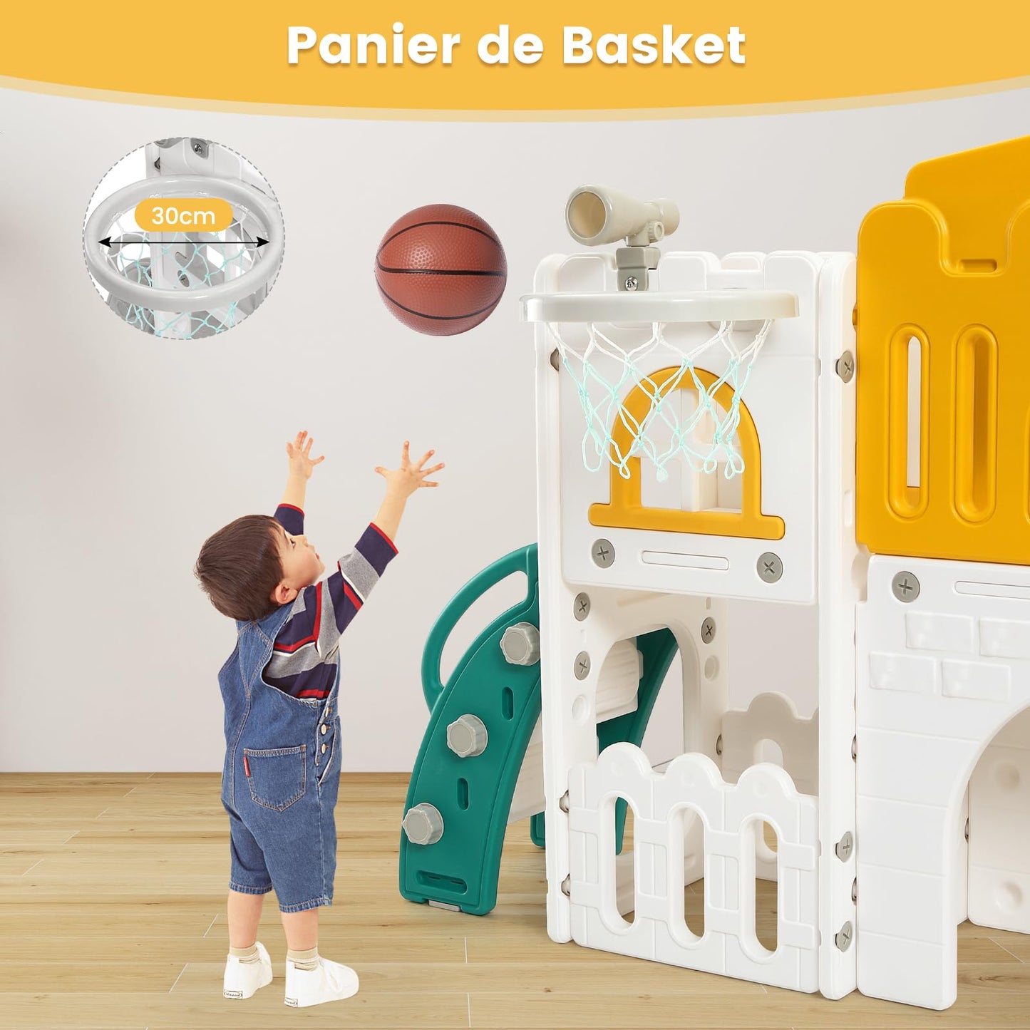 Kinder Rutsche 8 in1 Mit Klettern, Teleskop, Basketballkorb,Tunnel, Bohrspiel und Stauraum, Kleinkinderklettergerüst für Kleinkinder 1–3 Jahren