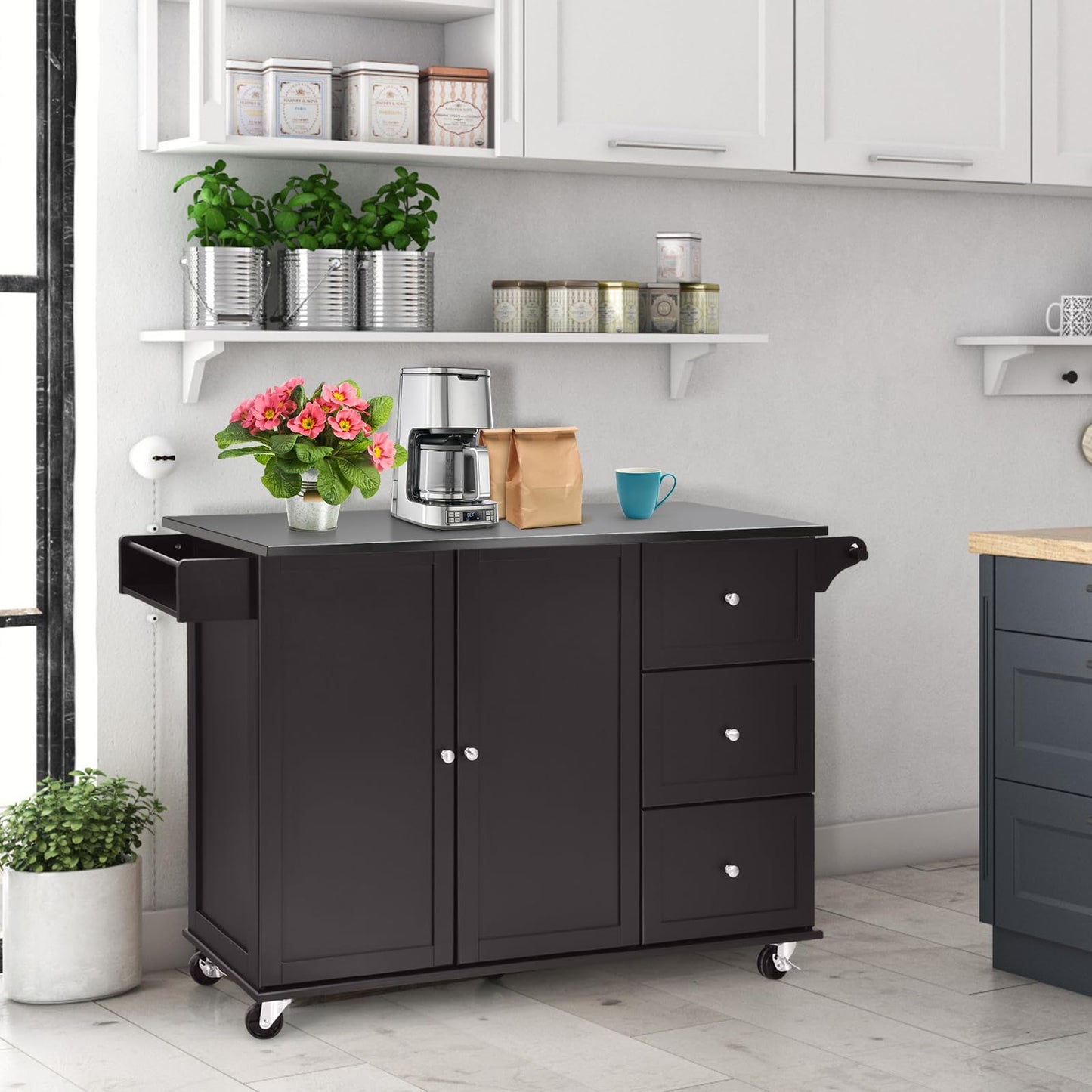 KOMFOTTEU Movable Kitchen Island with Stainless Steel Worktop, Kitchen Trolley with 3 Drawers & Towel Rail & Adjustable Shelf, Kitchen Cabinet on Wheels, Kitchen Trolley 135 x 45.5 x 91.5 cm (Black)