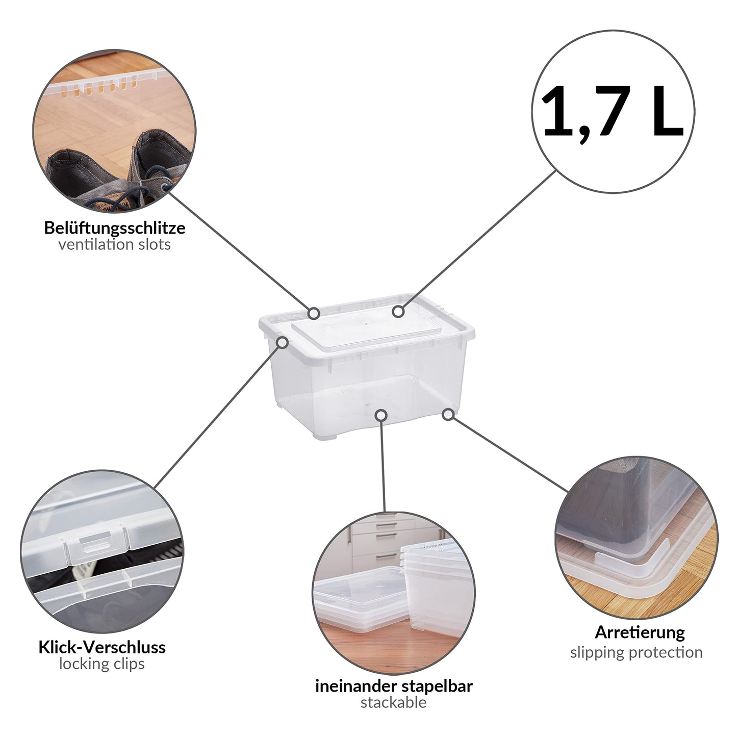 Grizzly Storage Boxes with Lid Transparent – Transparent Boxes, Stackable, with Ventilation, 5er Set, 10 l
