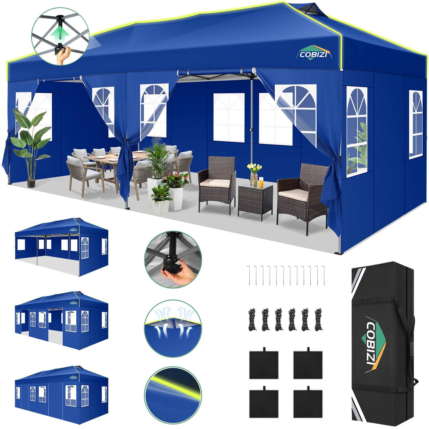 COBIZI Faltpavillon 3x6 Pavillon wasserdicht Winterfest, Ein-Tasten-Zentralverriegelung Partyzelt Faltbar Anti-UV mit 6 Seitenwänden, Gartenpavillon mit Leuchtstreifen für Hochzeiten, Freien, Garten