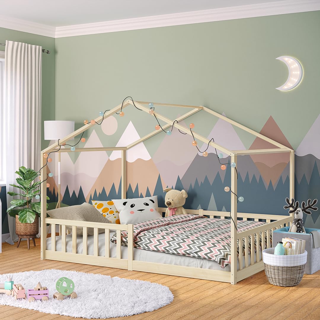 Bellabino Bia Children’s Bed, 90 x 200 cm, Children’s House Bed incl. Fall Protection and Rolled Slatted Frame, Montessori Floor Bed, White, Solid Pine Wood