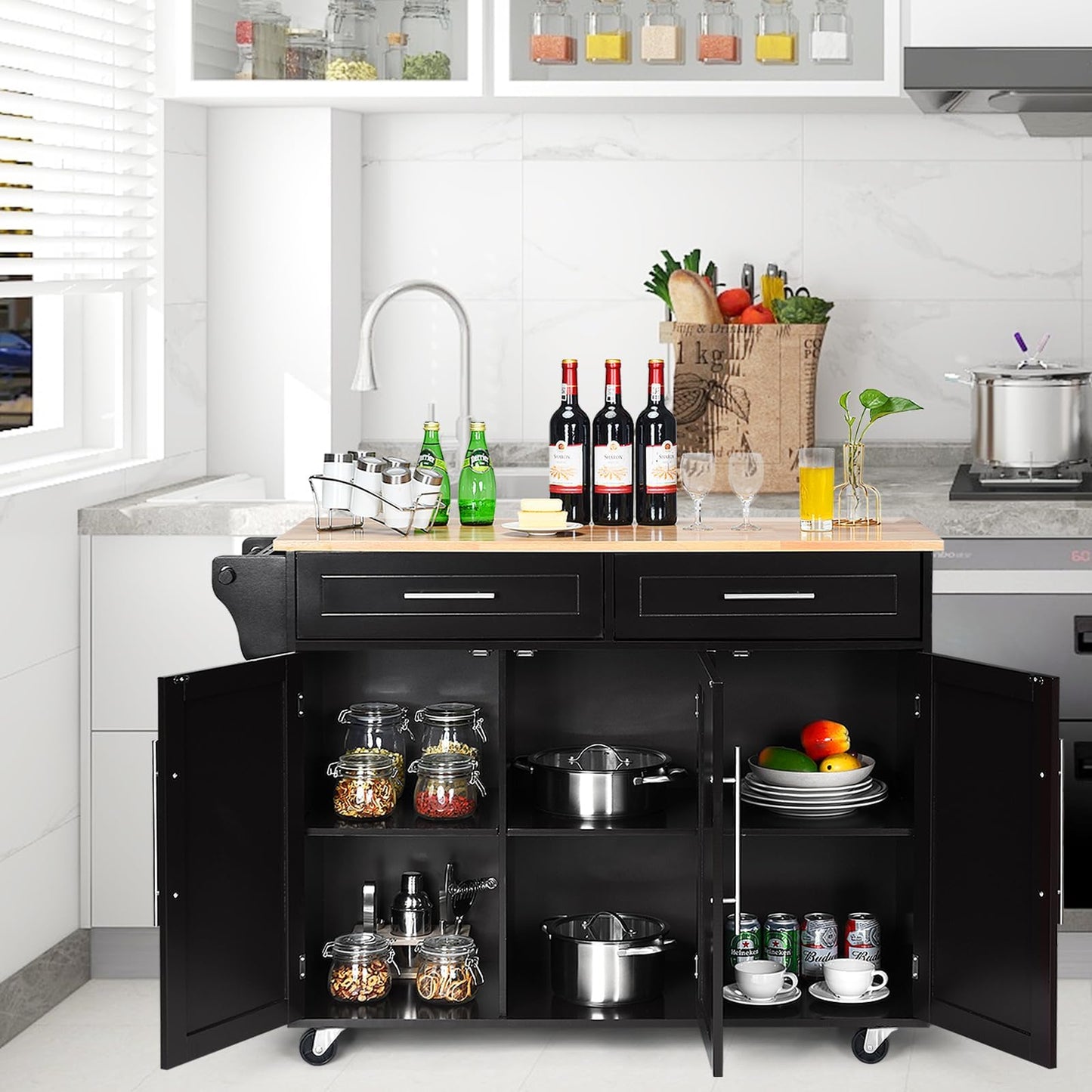 KOMFOTTEU Kitchen Trolley on Wheels, Wooden Serving Trolley with Worktop, Kitchen Island with Drawers, Towel Holder & Adjustable Shelves, Kitchen Cabinet Side Trolley Mobile 122 x 46 x 92 cm (Black)