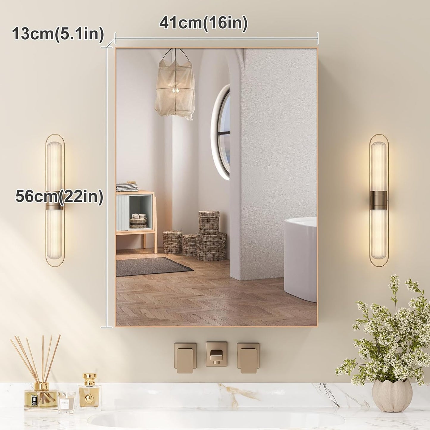 Aovquof Mirror Cabinet with Lighting - 90 x 60 cm Bathroom Mirror Cabinet with Storage Space, Bathroom Mirror Cabinet with Adjustable Dimmable LED Lights with Demist Function, Modern Cream Colour