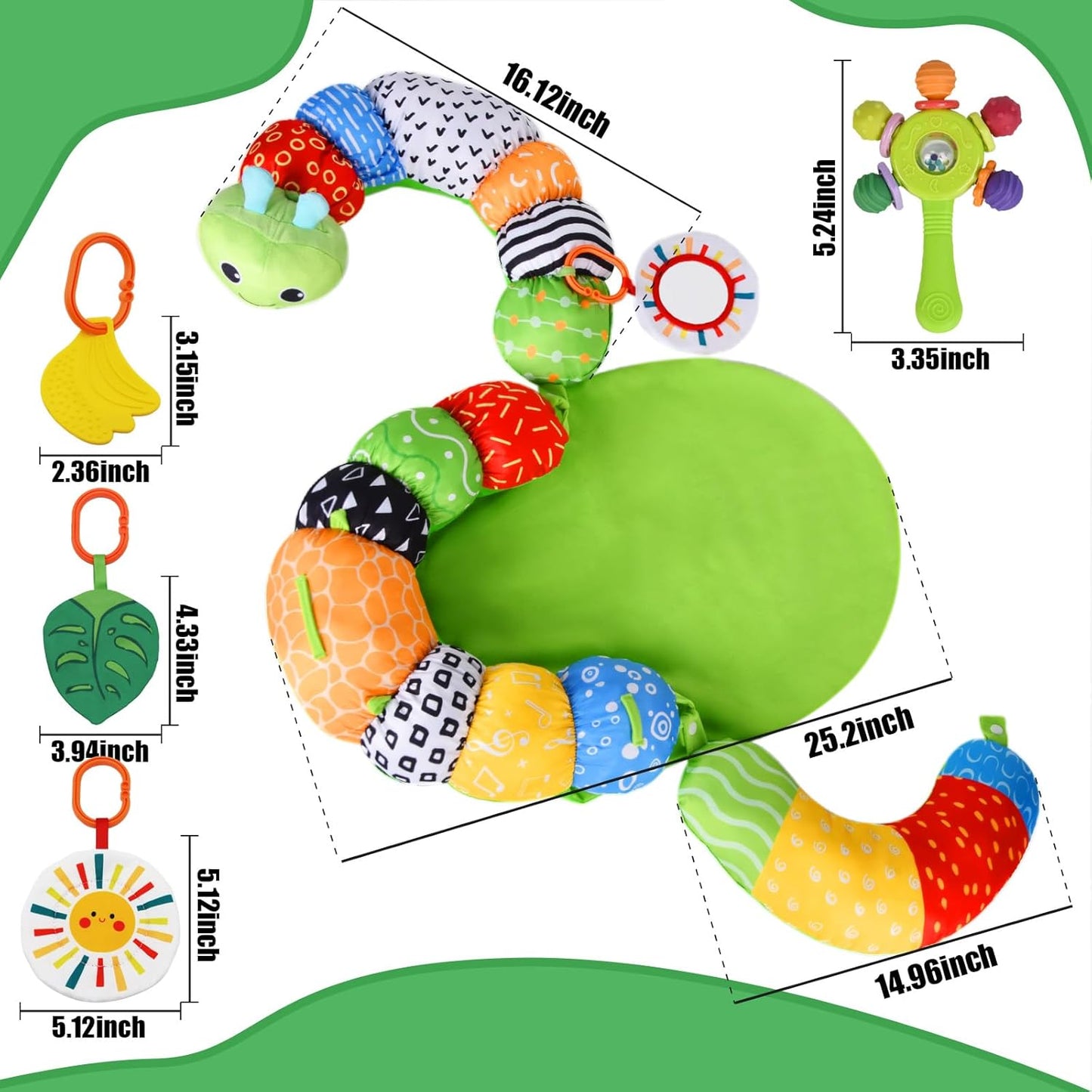 Charmofun Tummy Time Toys Spielkissen, 3 in 1 Bauchlage Spielzeug Baby, Abnehmbar Raupe für Baby, Bauchlage Helfen Sitzen Stützen Babyspielzeug 3 6 9 Monate mit Rassel, Beißring, Spiegel