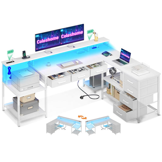 Coleshome Gaming Tisch mit 7 Schubladen & Großzügigem Stauraum, Eckschreibtisch mit RGB LED, Reversibler Schreibtisch L Form mit 2 Steckdosen, Ideal für Büro & Gaming, 179.5×135.5cm, Weiß