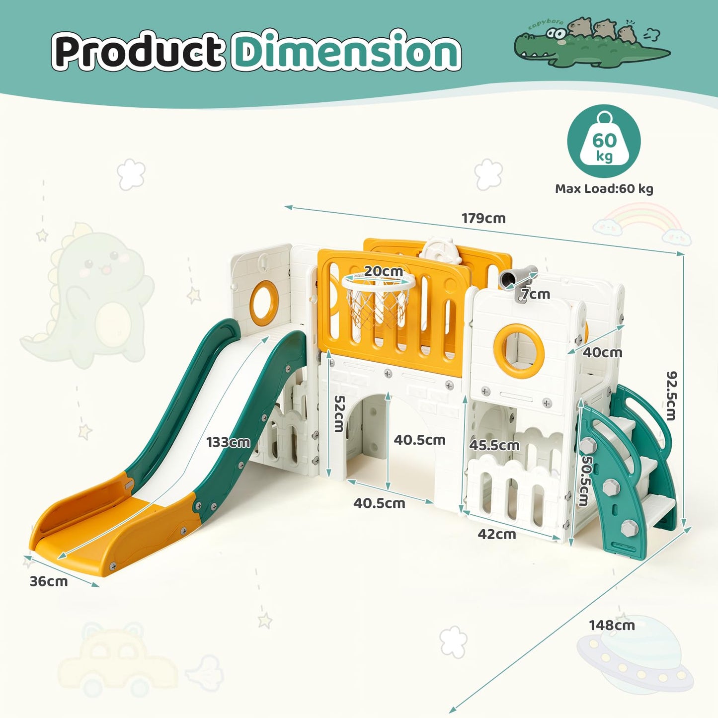 MAMIZO 9-in-1 Children's Slide, Children's Slide with Climbing Frame, Indoor and Outdoor Slide with Basketball Hoop and Telescope, Tunnel, Storage Space, Garden Slide, Children's Playground, with 2