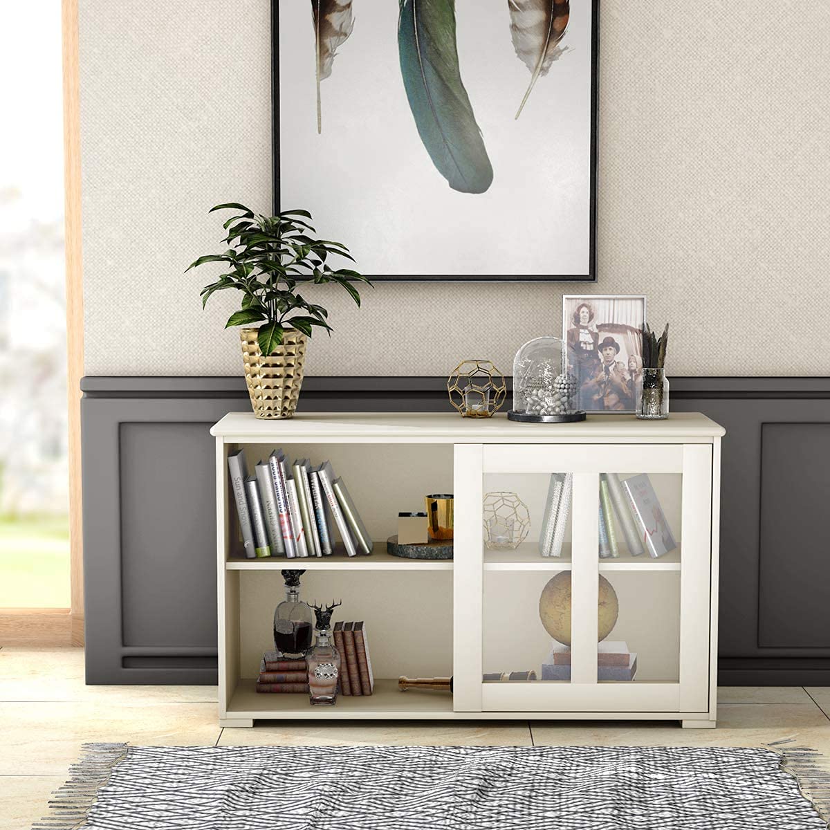RELAX4LIFE Sideboard with 2 Sliding Glass Doors, Sideboard for Living Room, Hallway, Office and Kitchen, Hallway Cabinet with Height-Adjustable Shelf, Wooden Kitchen Cabinet (Cream)