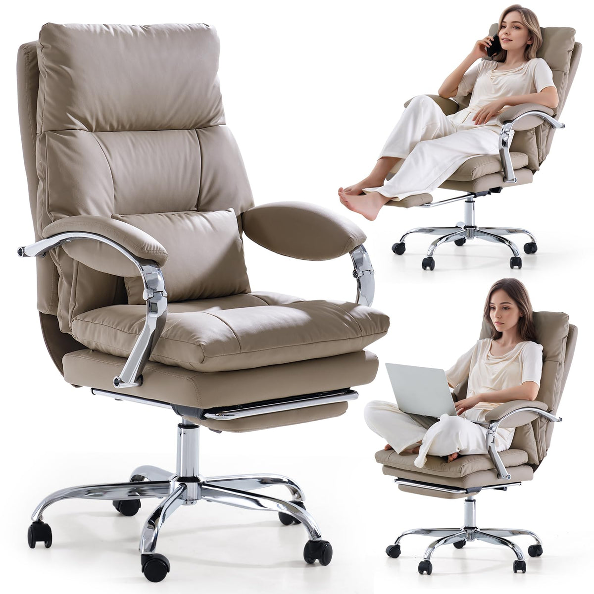 EMIAH Bürostuhl mit Fußstütze, Bequemer Schreibtischstuhl mit Gekreuzten Beinen und Armlehnen, Ergonomischer Chefsessel aus PU Leder mit Rollen, Computer Gaming Stuhl mit Verdicktem Kissen, Beige