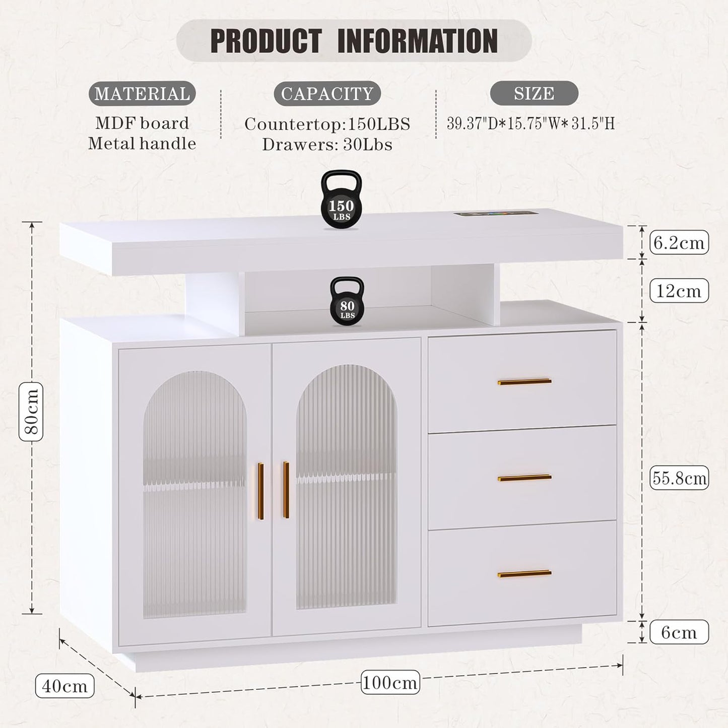 FREDEES Kitchen Cabinet Sideboard with 3 Drawers, Buffet Cabinet with Auto Sensor, 20 Colour Lights, Console Table with Charging Station, Touch Control Console, Coffee Bar Table for Kitchen, Dining