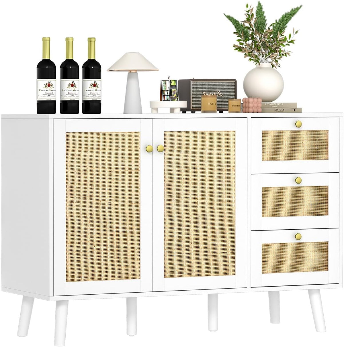 Sideboard 120 cm Rattan Kitchen Cabinet with Adjustable Shelf, Buffet Cabinet with 3 Drawers and 3 Doors, Storage Cabinet for Living Room, Kitchen, Dining Room, Hallway, White, 120 x 40 x 82