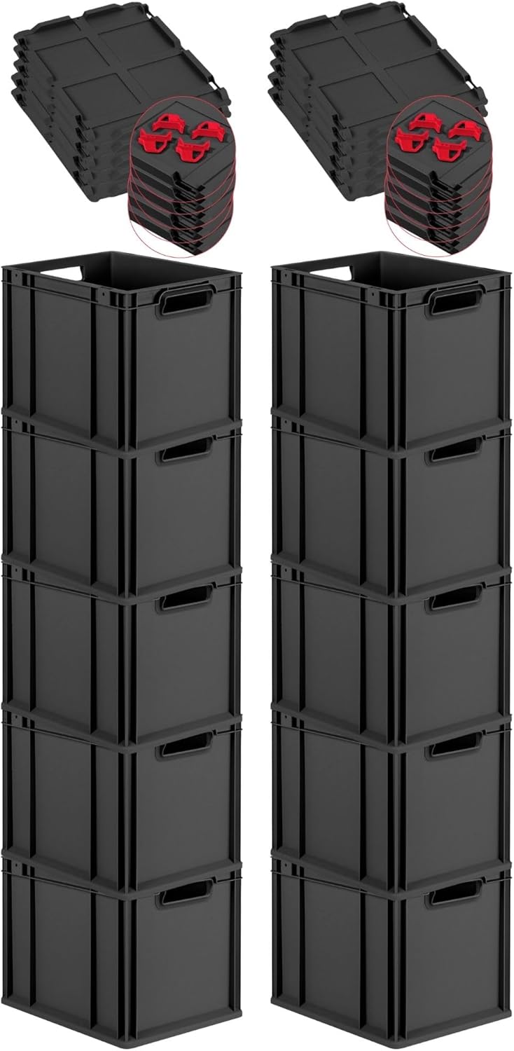 PROREGAL SuperSparSet 3 x Eurobox NextGen Grip with Lid and Yellow Clasps, H x W x D 32 x 40 x 60 cm, 65 Litres, Open Handles, Reinforced Base, Euro Container, Transport Box