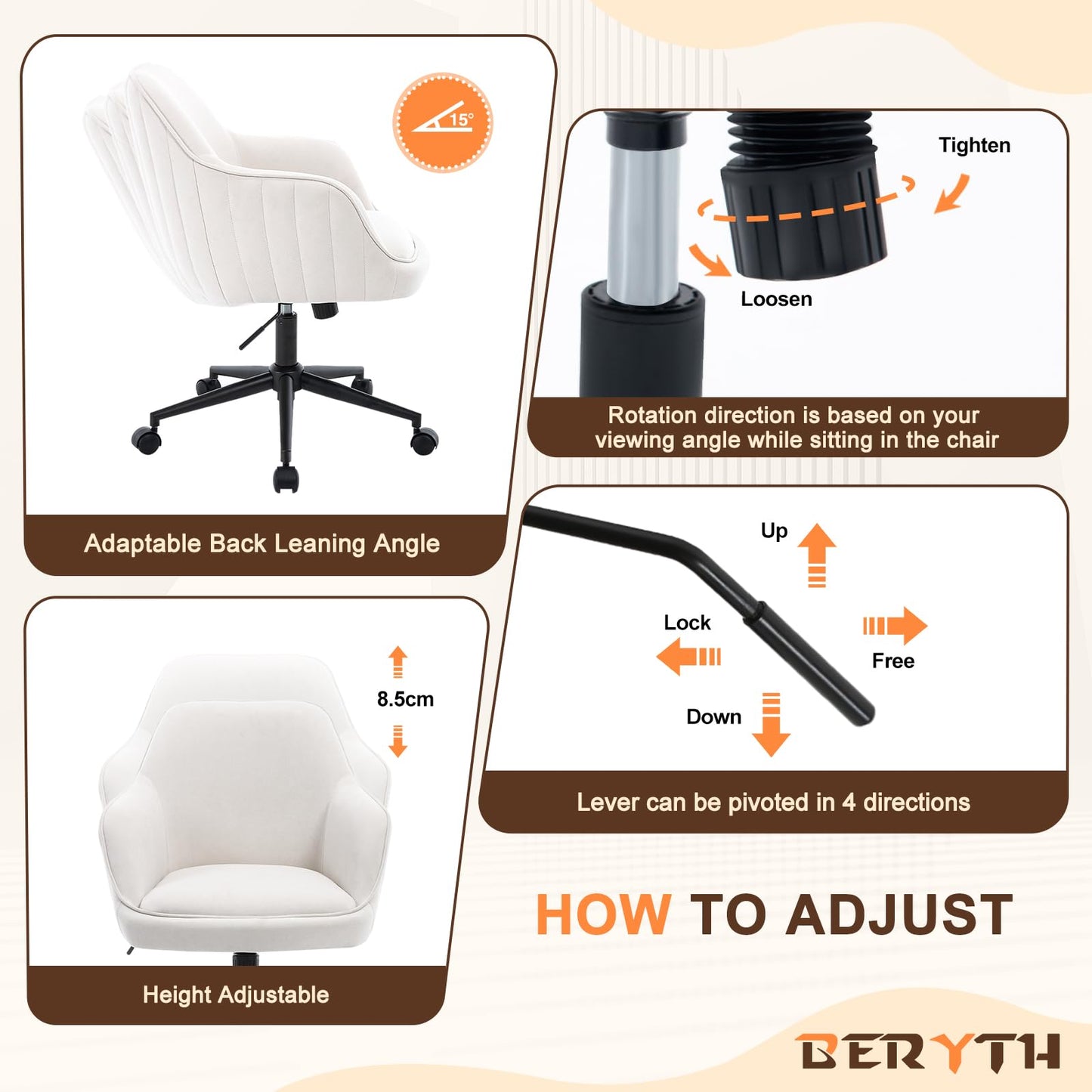 BERYTH Office Chair Home Office Velvet Dressing Table Chair up to 136 kg Load Capacity Ergonomic Height Adjustable Swivel Chair 360° Rotating Desk Chair Quiet Wheels Study Room Bedroom Home Office