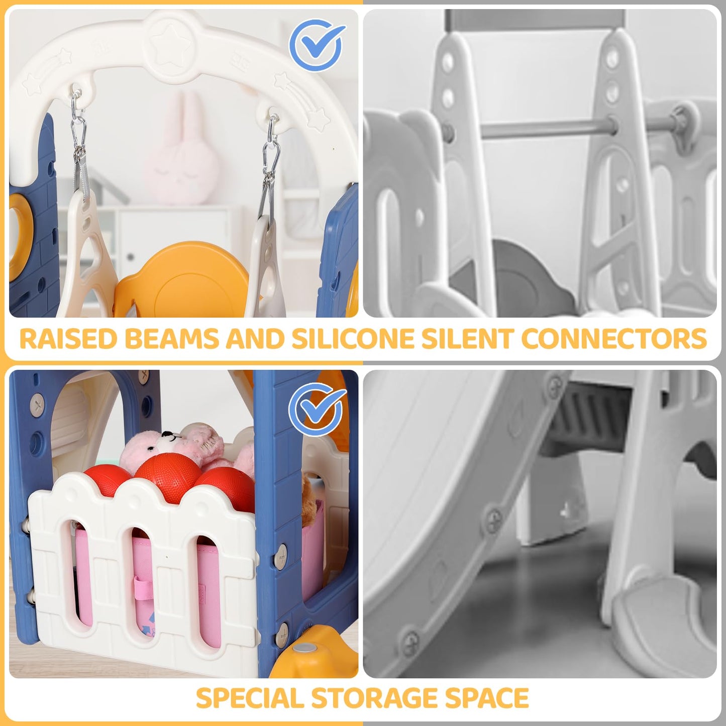 Swing Slide, 5-in-1 Children's Slide with Swing, Climbing Frame, Telescope, Storage, Indoor and Outdoor Freestanding Slide, Playground for Toddlers, for Max 60 kg from 1-6 Years, 2 Pieces Modules