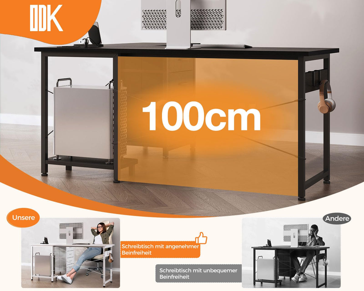 ODK Corner Desk with 4 Drawers, 155 x 110 cm, L Shape Desk with Socket and USB Charging Port, Reversible Desk with Storage Space for Office, Study, Bedroom, Vintage Brown