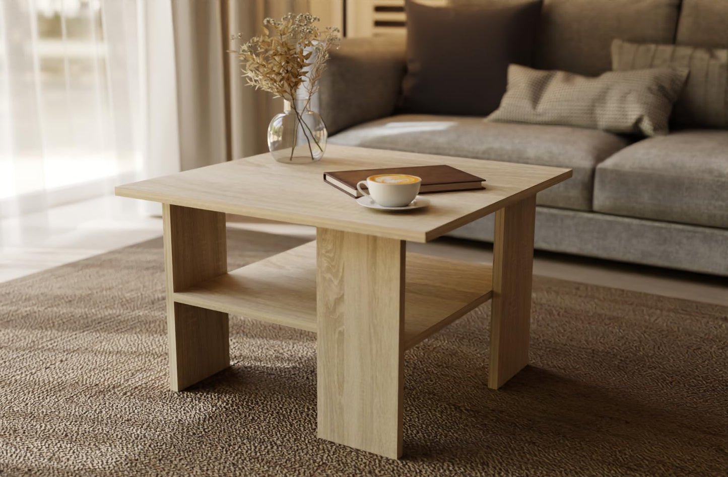 Artisan Coffee Table, Retro Loft Bench, Open Double Shelf, Skate Legs, Ideal for Coffee Get-Togethers, Laminated Top, Large Surface, Guaranteed Stability, White 3