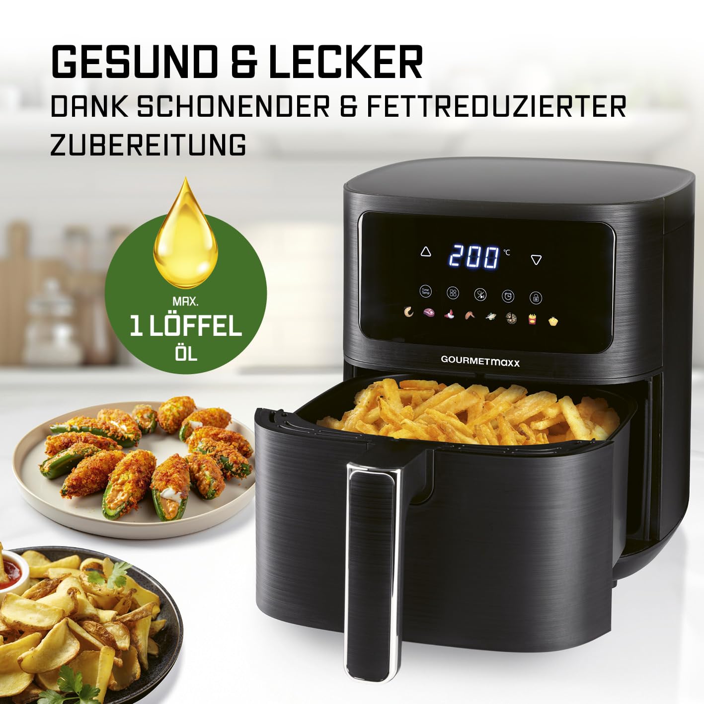 GOURMETmaxx Digitale Heißluftfritteuse 12 L, XXL-Edelstahl-Ofen | Airfryer + Timer, Touchdisplay, Drehspieß | fettarm, energiesparend frittieren | 10 Programme inkl. Pizza | 1800 W