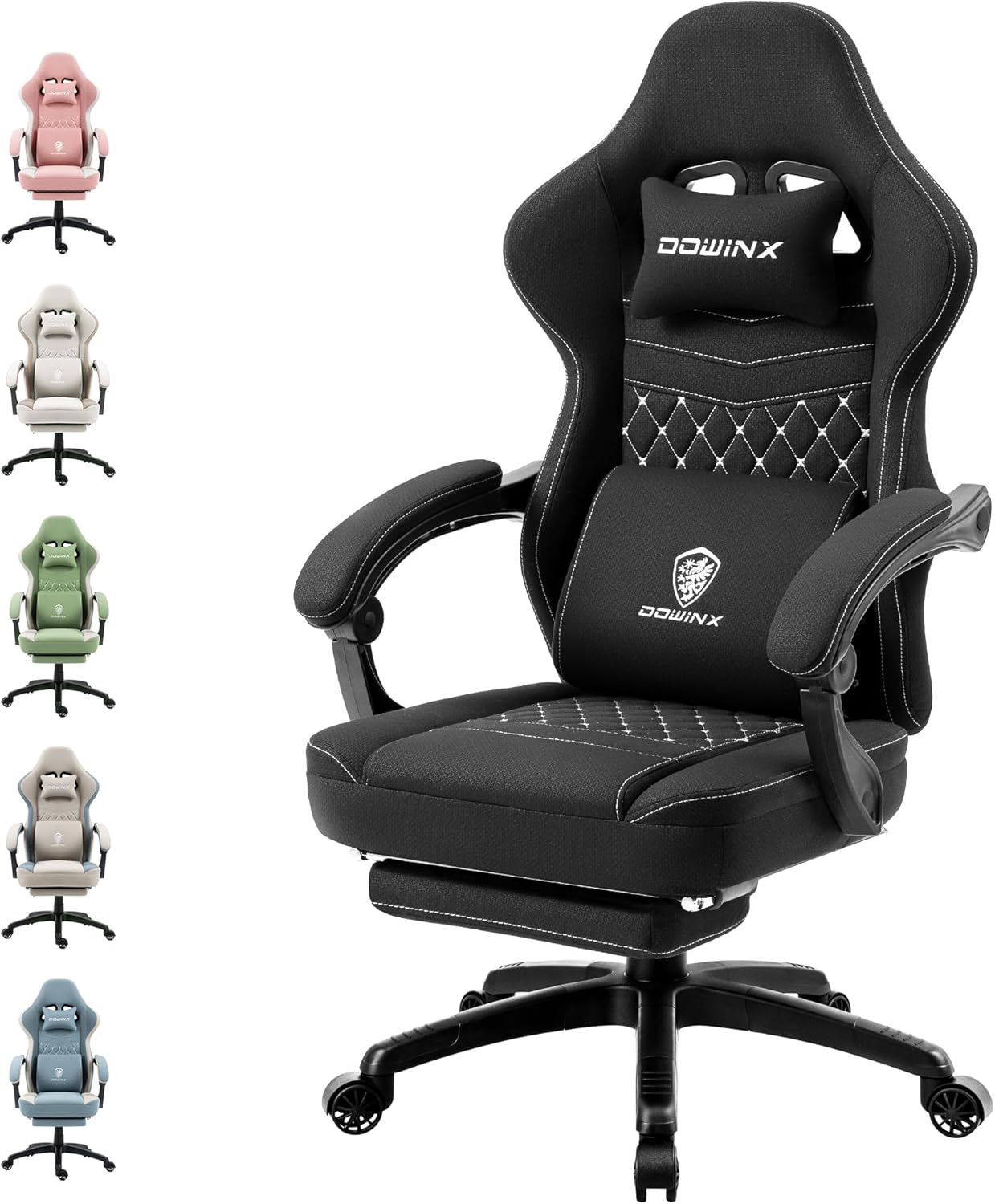 Dowinx Fabric Gaming Chair, Massage Gaming Chair with Footrest, Ergonomic PC Chair, Gamer Chair, Office Chair, 150 kg Load Capacity, Beige