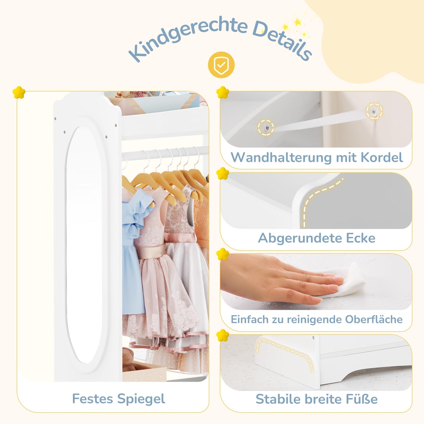 LUE BONA Children's Wardrobe with Mirror and Clothes Rail, Children's Coat Rack with 3 Hooks and 3 Open Shelves, Children's Wooden Wardrobe for Children's Room, 85 x 34 x 112 cm, White