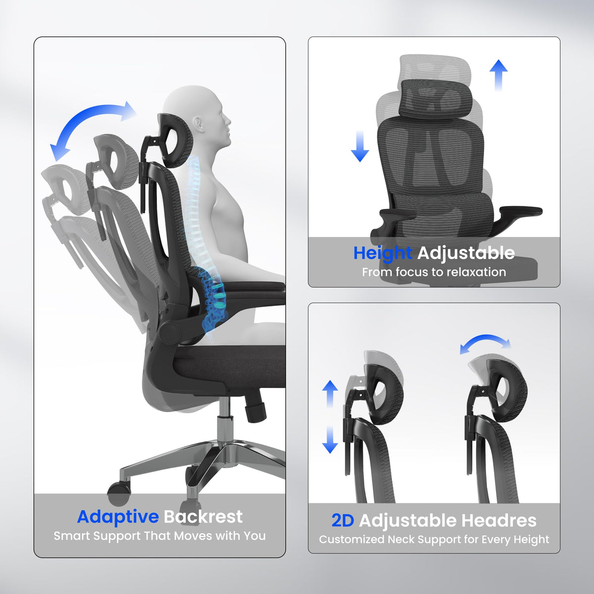 FLEXISPOT OC3C Office Chair Ergonomic Desk Chair Computer Chair Height-Adjustable Seat Headrest Armrest Lumbar Support Swivel Castors Work Chair