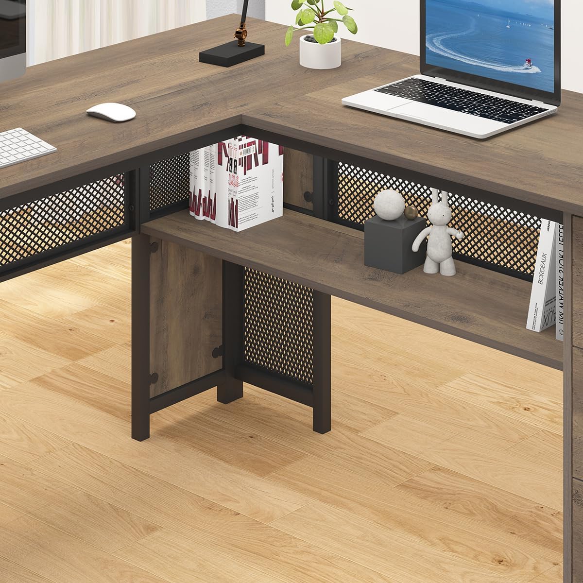 HSH - Black L Shape Corner Desk with Filing Drawers and Shelves, Reversible Corner Desk Made of Metal and Wood with Storage Cabinets
