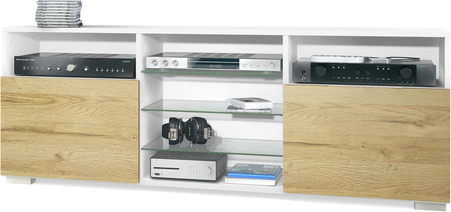 Vladon Granada TV Board Lowboard with 2 Doors and 6 Open Compartments, Matt White Body, Fronts in Sand Grey High Gloss (146 x 54 x 35 cm)