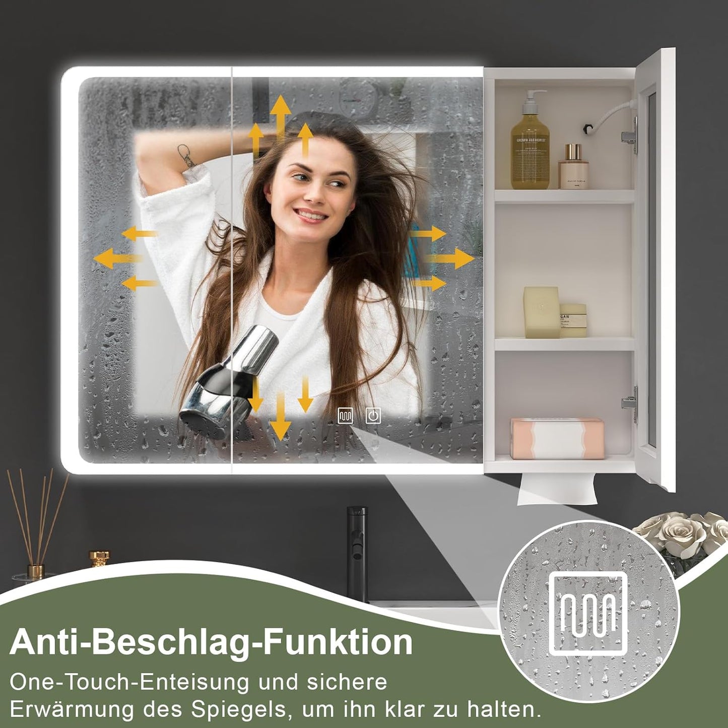 Aovquof Mirror Cabinet with Lighting - 90 x 60 cm Bathroom Mirror Cabinet with Storage Space, Bathroom Mirror Cabinet with Adjustable Dimmable LED Lights with Demist Function, Modern Cream Colour