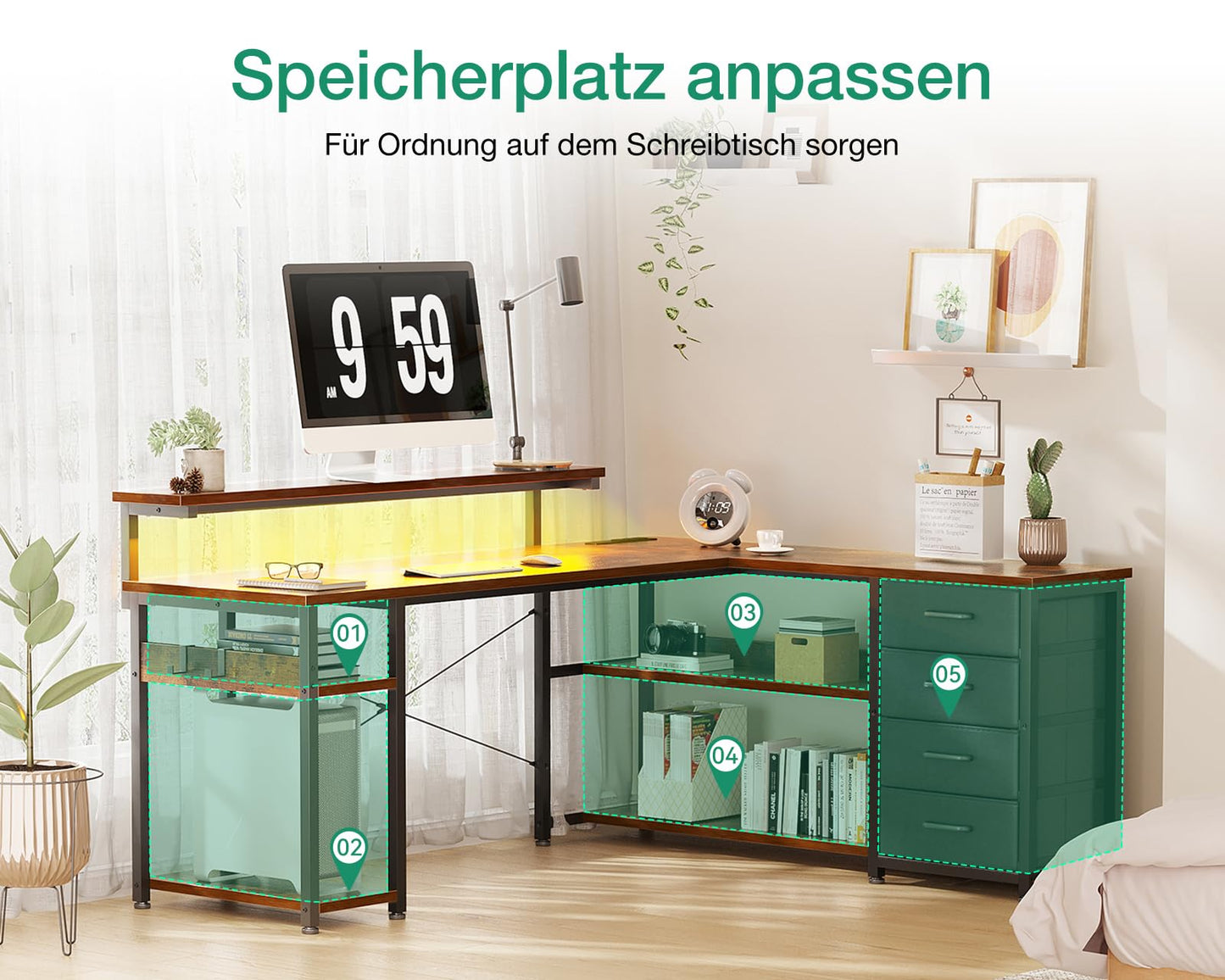 ODK Schreibtisch mit Schubladen, Reversible Eckschreibtisch mit 2 Steckdosen und 2 USB Ladeanschluss, Bürotisch L Form mit LED für Home Office 155×110cm (Alles Weiß)