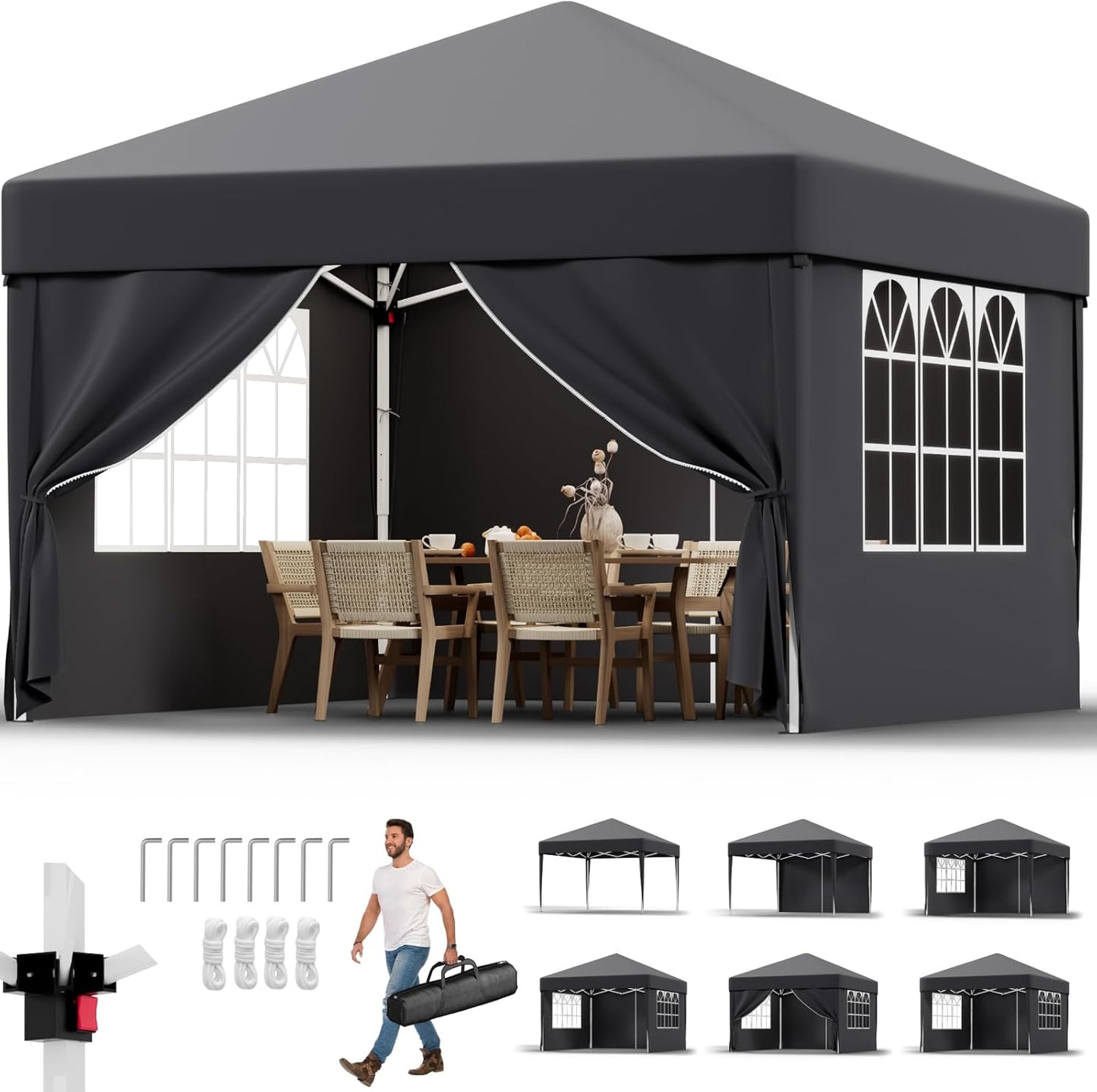 JUMMICO Gazebo 3 x 3 Waterproof Stable Winterproof with 4 Side Walls, Folding Gazebo Height Adjustable, Gazebo UV Protection 50+, Garden Gazebo Folding Tent for Garden, Courtyard, Camping, Gazebo Grey