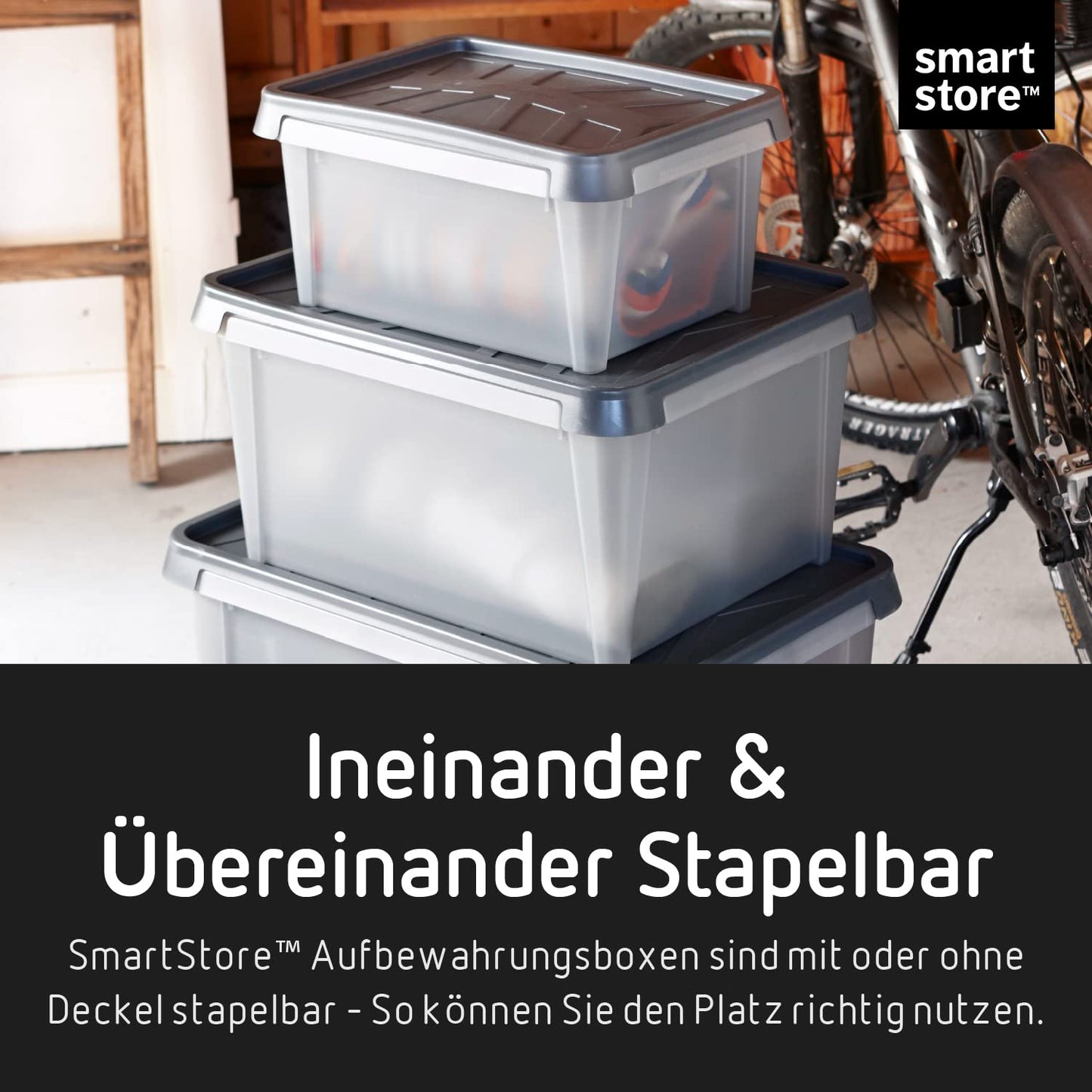 SmartStore Storage Box with Lid 55 L Waterproof Plastic - Set of 4 - Frosted - Nesting & Stackable on Top of Each Other - Food Safe & BPA Free - IP44 - L60 x W40 x H35 cm