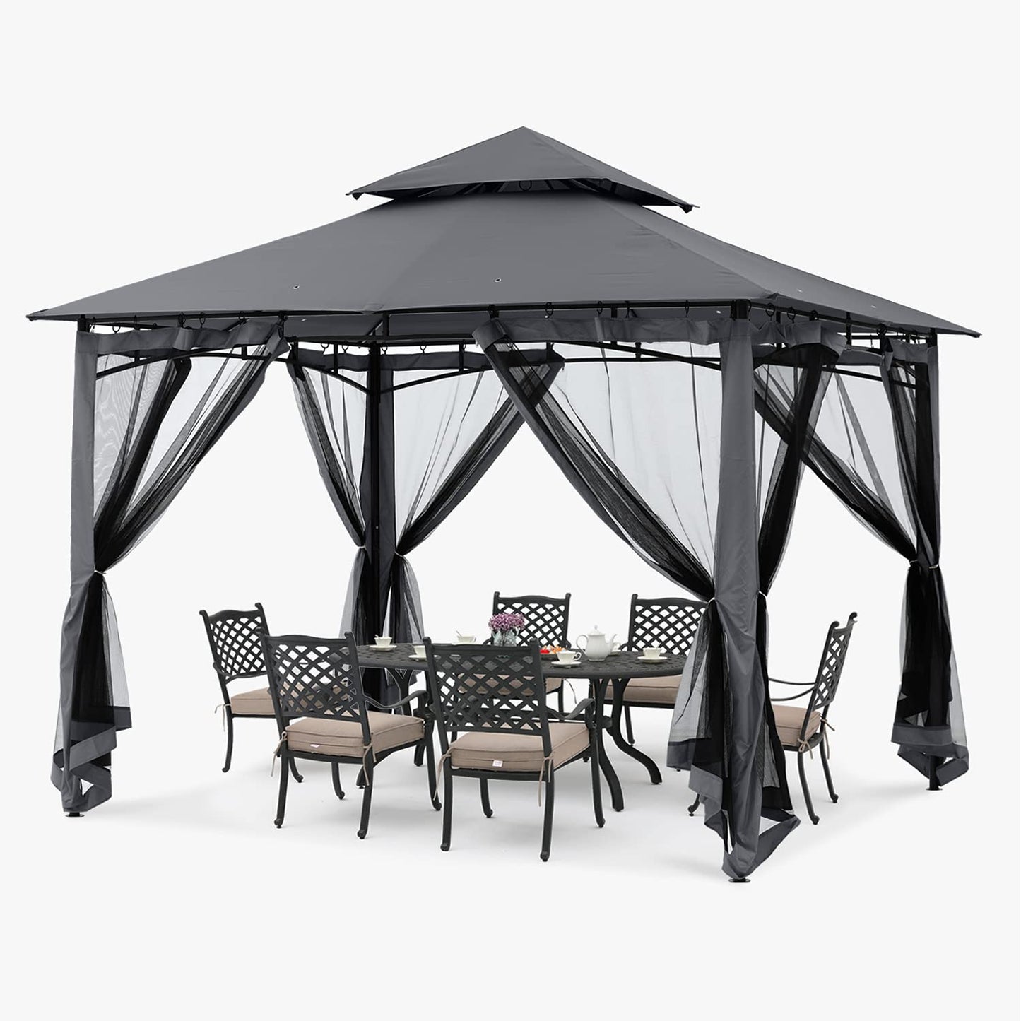 ABCCANOPY Pavillon 2.5x2.5m Wasserdicht Stabil Winterfest Gartenpavillon，Doppeldachweichdach Hinterhof-Partyzelt mit Netz für Schatten und Regen,Grau