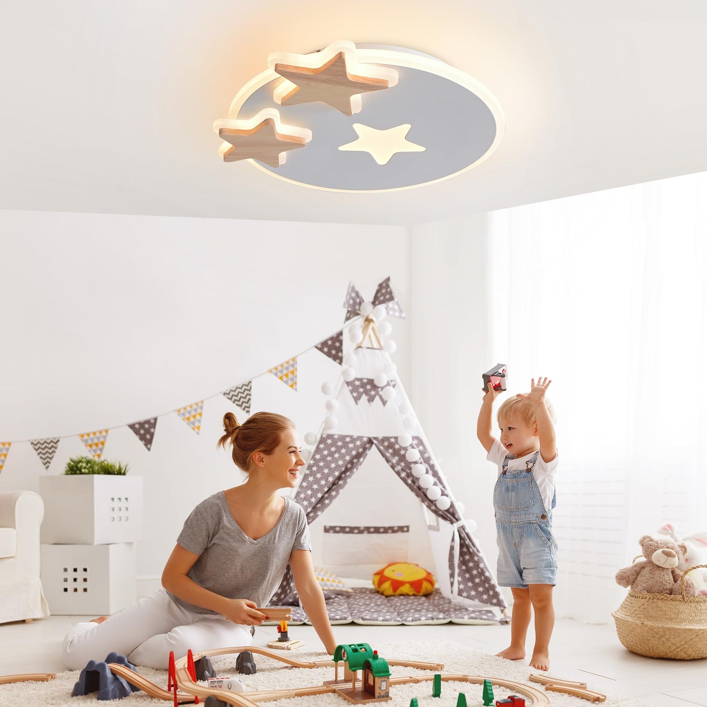 34 cm LED Ceiling Light Bedroom Wooden Children's Room Lamp Ceiling Star Children's Lamp Dimmable Ceiling Lamp for Children Lamp with Remote Control