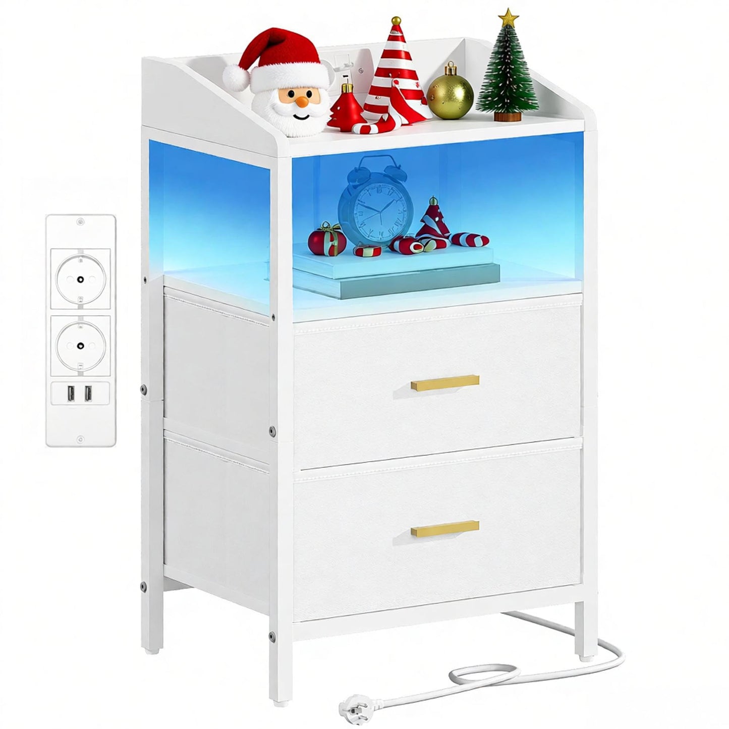 Hzuaneri Set of 2 Bedside Table with LED Lights and Charging Station, Side Table with 2 Fabric Drawers and Shelves, with USB Ports & Sockets, for Bedroom, Living Room, White NS36213W