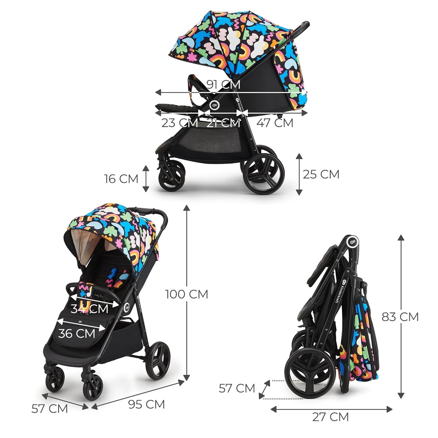 Kinderkraft Grande Plus Kinderkraft Buggy from Birth to 22 kg, Folding with One Hand, Reclining Position, Large Hood with Window, All 4 Wheels Cushioned, Spacious Seat, Happy Shapes