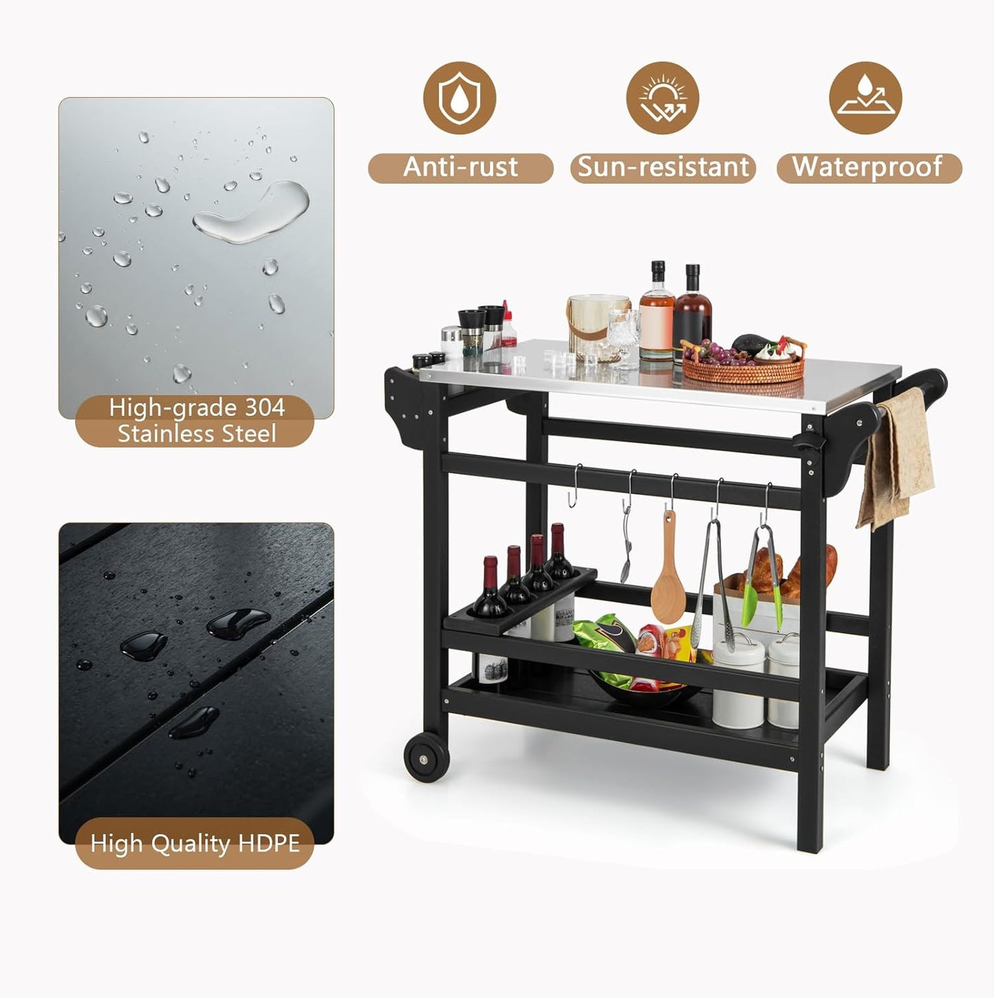 KOMFOTTEU Barbecue Trolley Grill Table with Stainless Steel Worktop, Garden Trolley Made of HDPE, Serving Trolley with Spice Tray, Wine Bottle Rack & Hooks, Grill Trolley, Kitchen Trolley for Outdoor