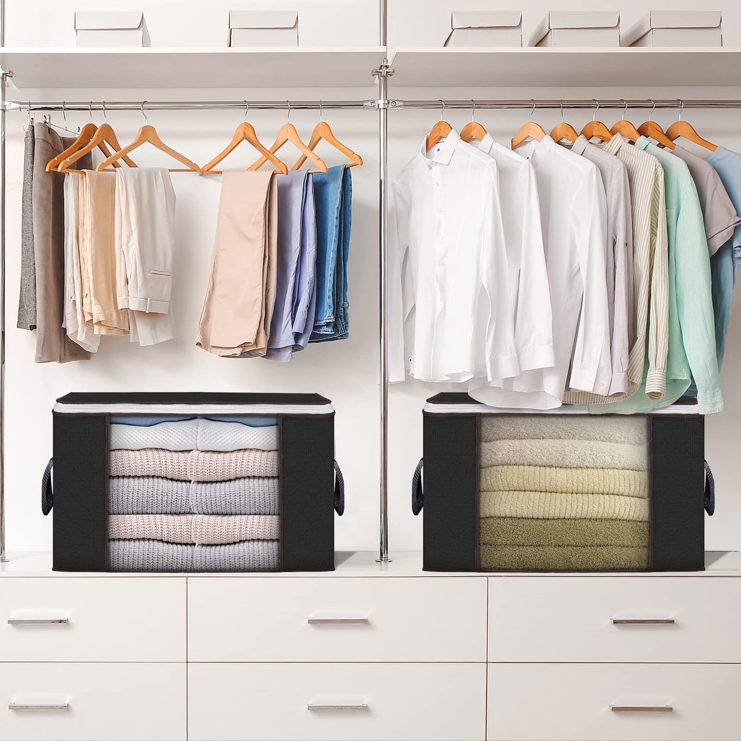 Budding Joy Pack of 6 90 L Storage Bags, Storage Boxes with Lid, Large, Clothes Storage, Moving Boxes, Foldable Underbed Wardrobe for Clothes, Duvets and Bedding, Grey