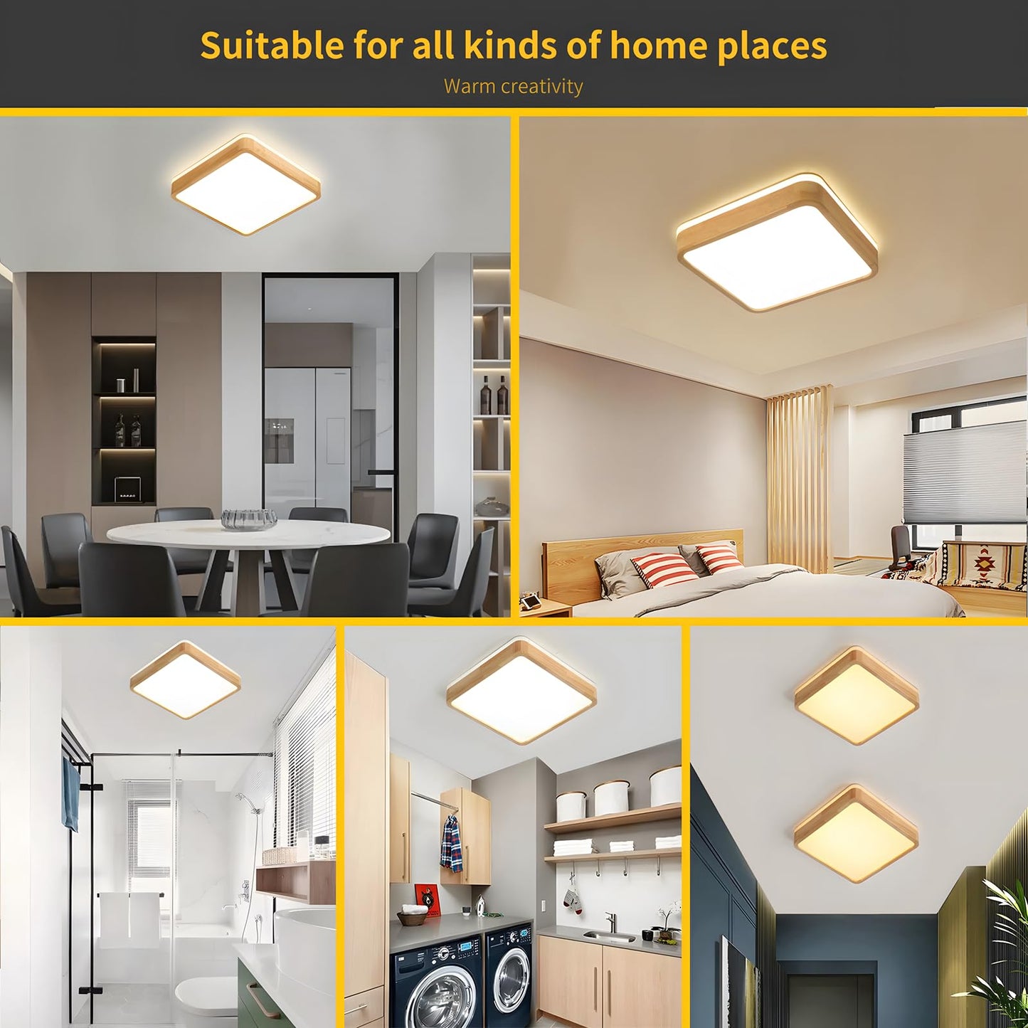 LED Wooden Ceiling Light, Diameter 30 cm, 3000 K, 1620 lm, 18 W, Ceiling Light with Square Top, 360° Luminous Natural Wood, Bedroom, Living Room, Children's Room, Kitchen, Dining Room (Warm White)