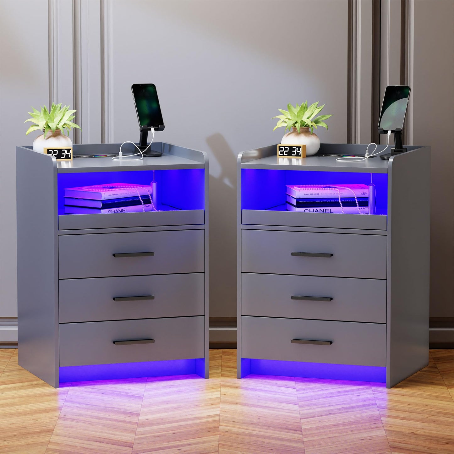 Lvifur Bedside Cabinet Set of 2 with Lighting, LED Bedside Table with Charging Function, 24 Colours Dimmable, Sideboard with 3 Drawers, USB Type-C Automatic Sensor, Bedroom, Grey