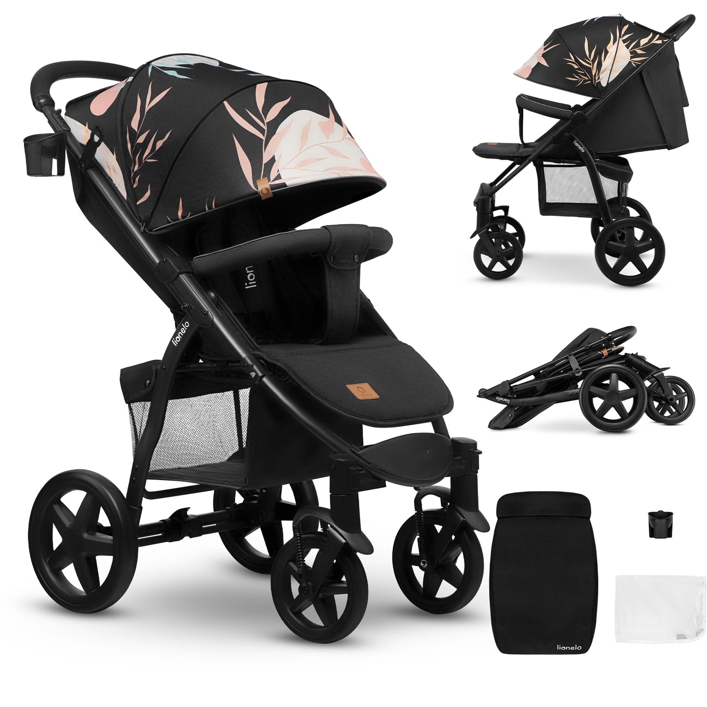 LIONELO Annet Buggy up to 22 kg with Reclining Function, Small Folding Pushchair with Accessories, EVA Foam Wheels, Mosquito Net, Foot Cover Drink Holder, Basket