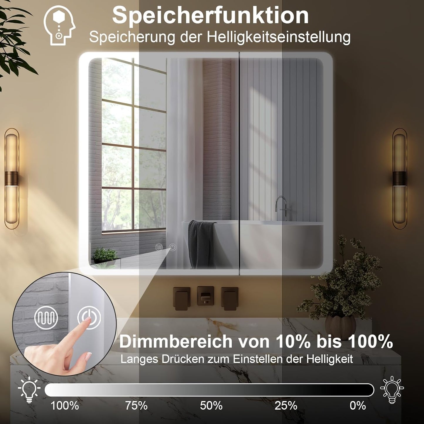 Aovquof Mirror Cabinet with Lighting - 90 x 60 cm Bathroom Mirror Cabinet with Storage Space, Bathroom Mirror Cabinet with Adjustable Dimmable LED Lights with Demist Function, Modern Cream Colour