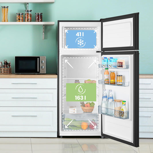 Comfee RCT284DK2A Fridge/Freezer, Top Freezer Compartment, 176 kWh/Year, 143 cm Height, LED Light, Reversible Door Hinge, Black