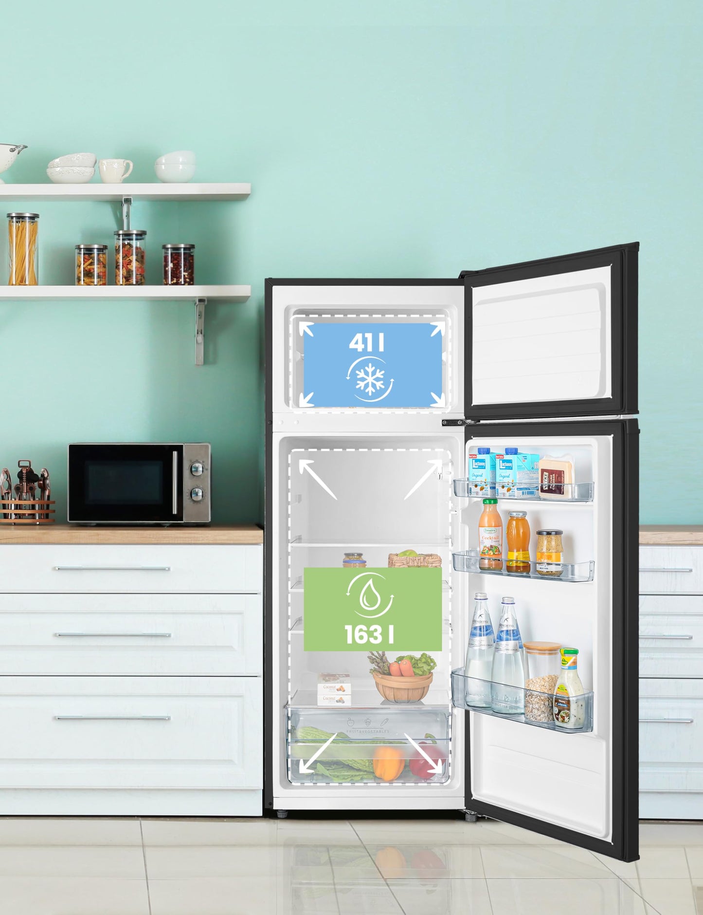 Comfee RCT284DK2A Fridge/Freezer, Top Freezer Compartment, 176 kWh/Year, 143 cm Height, LED Light, Reversible Door Hinge, Black