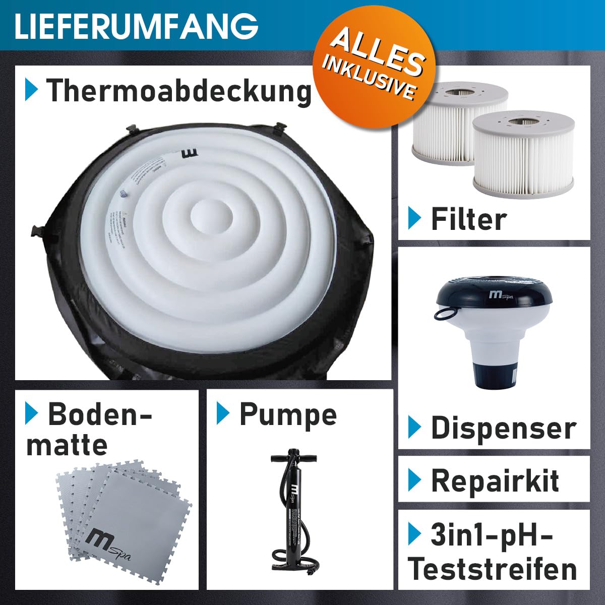 BRAST® Whirlpool aufblasbar MSpa | 4-8 Personen | viele Modelle rund und eckig | Ø 125-224cm | In- Outdoor Pool | bis zu 144 Massagedüsen | inkl. Aufblasfunktion Abdeckung Timer Heizung | Duet
