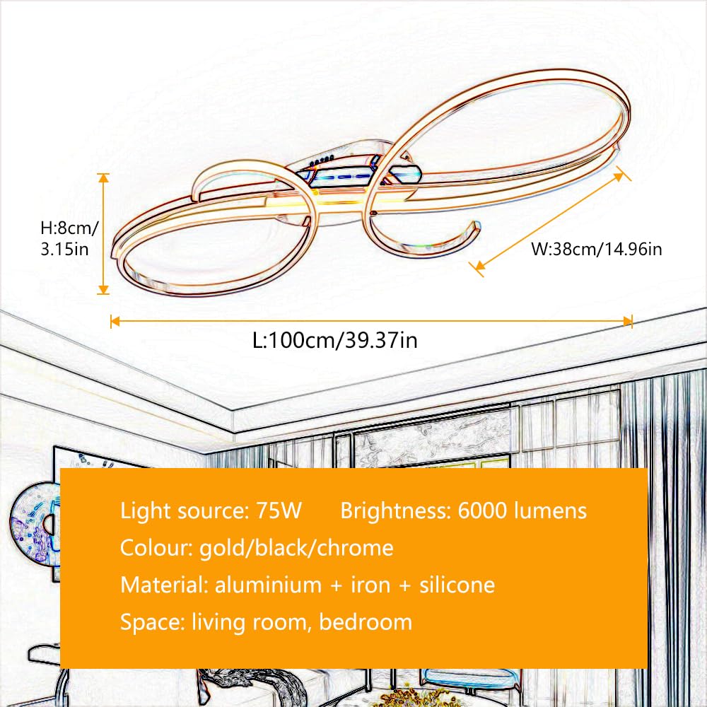 WSXEDC Moderne Kreative LED Deckenleuchte Dimmbare Metall Chrom für die Augenpflege Deckenlampe Mit Fernbedienung für Wohnzimmer Schlafzimmer Esszimmer Flure Gold 60cm