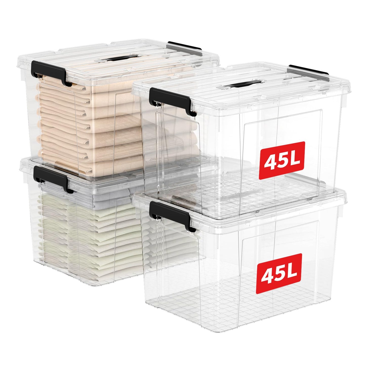 Cetomo 45 L x 3 Storage Boxes, Portable Plastic Boxes with Lids, Organiser Container with Handle and Clips, Stackable, Nestable, for Home and Office, Transparent, 45 L, Pack of 3